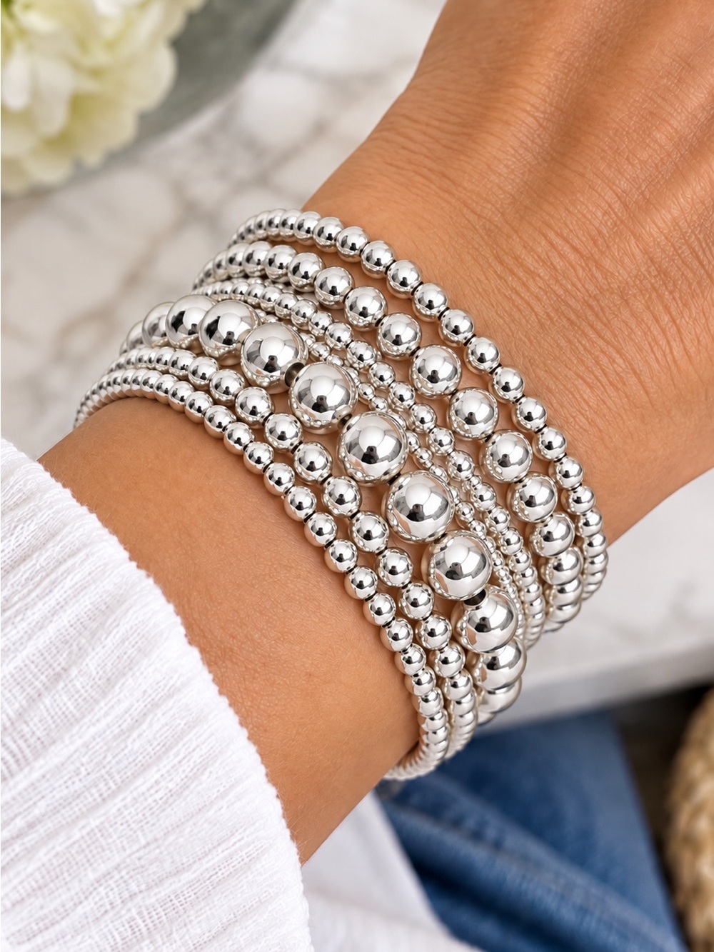 6 Hand Crafted Sterling Silver Beaded Bracelets 7”